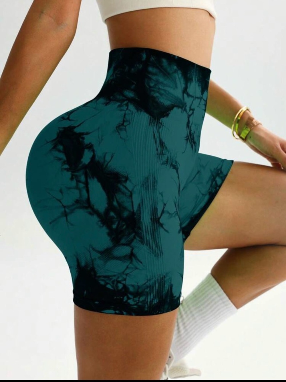 SHEIN High-Waist Teal & Black Tie-Dye Bike Shorts